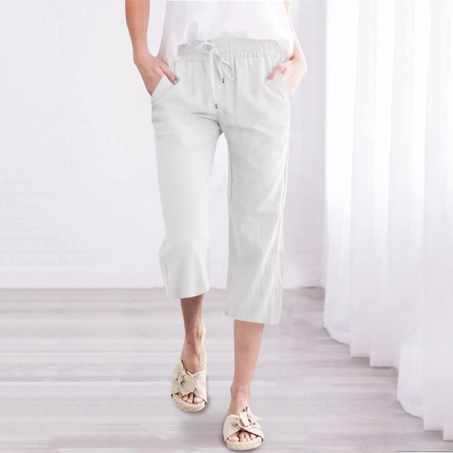 Capri Pants For Women Casual Summer Linen Elastic Waist Drawstring Pants Summer Lounge Plus Size Cropped Trousers