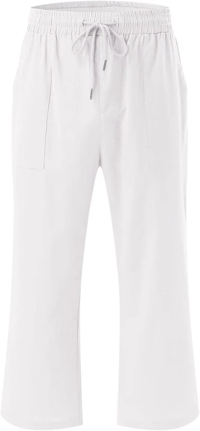 Capri Pants For Women Casual Summer Linen Elastic Waist Drawstring Pants Summer Lounge Plus Size Cropped Trousers