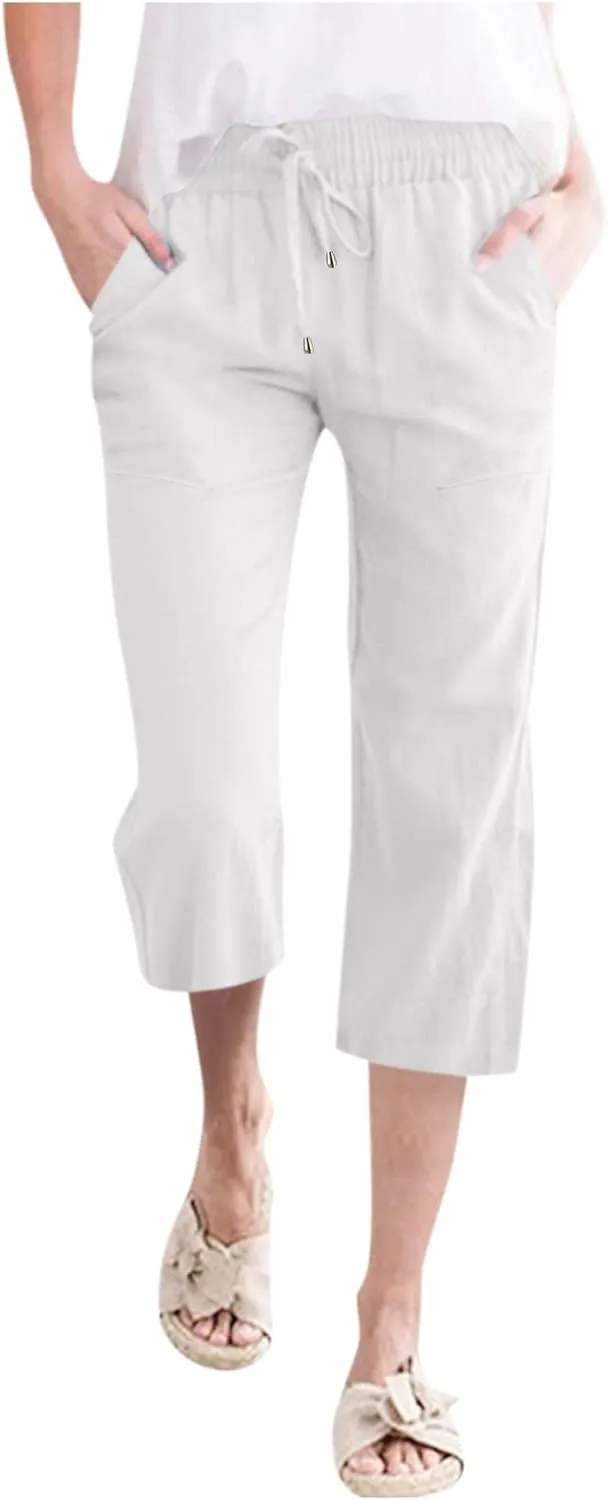 Capri Pants For Women Casual Summer Linen Elastic Waist Drawstring Pants Summer Lounge Plus Size Cropped Trousers