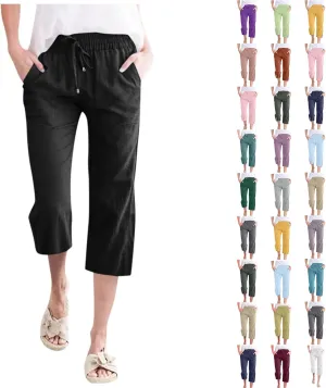 Capri Pants For Women Casual Summer Linen Elastic Waist Drawstring Pants Summer Lounge Plus Size Cropped Trousers