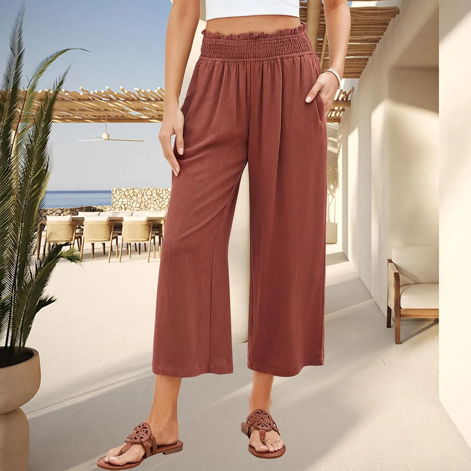 Capri Pants for Women Wide Leg Linen Palazzo Pants High Waist Elastic Pant Summer Casual Beach Trousers with Pockets