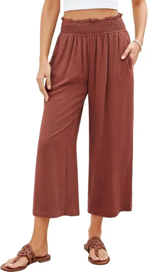 Capri Pants for Women Wide Leg Linen Palazzo Pants High Waist Elastic Pant Summer Casual Beach Trousers with Pockets
