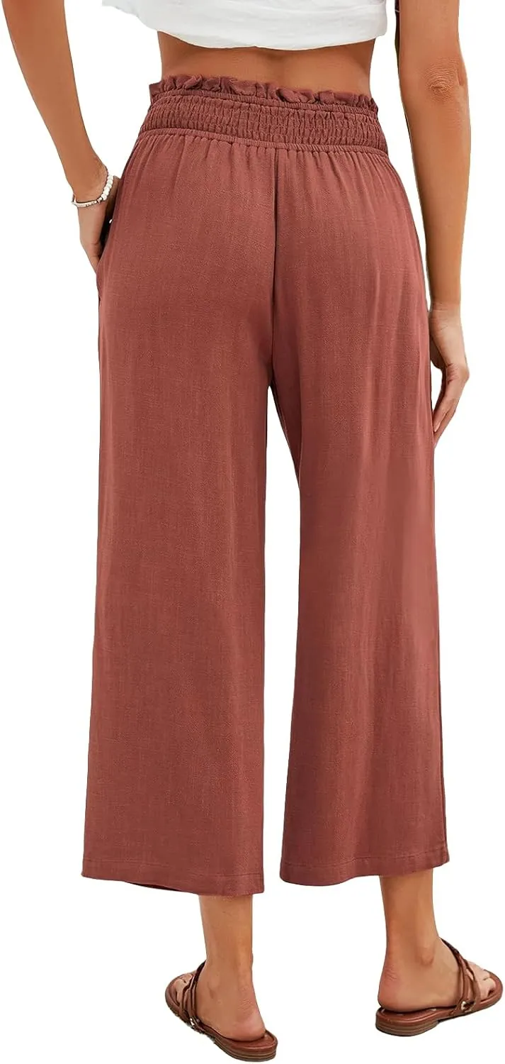 Capri Pants for Women Wide Leg Linen Palazzo Pants High Waist Elastic Pant Summer Casual Beach Trousers with Pockets
