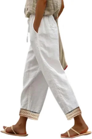 Capris Pants For Women High Waist Elastic Casual Trousers 2024 Summer Baggy Cropped Pant Lace Patchwork Comfy Pants