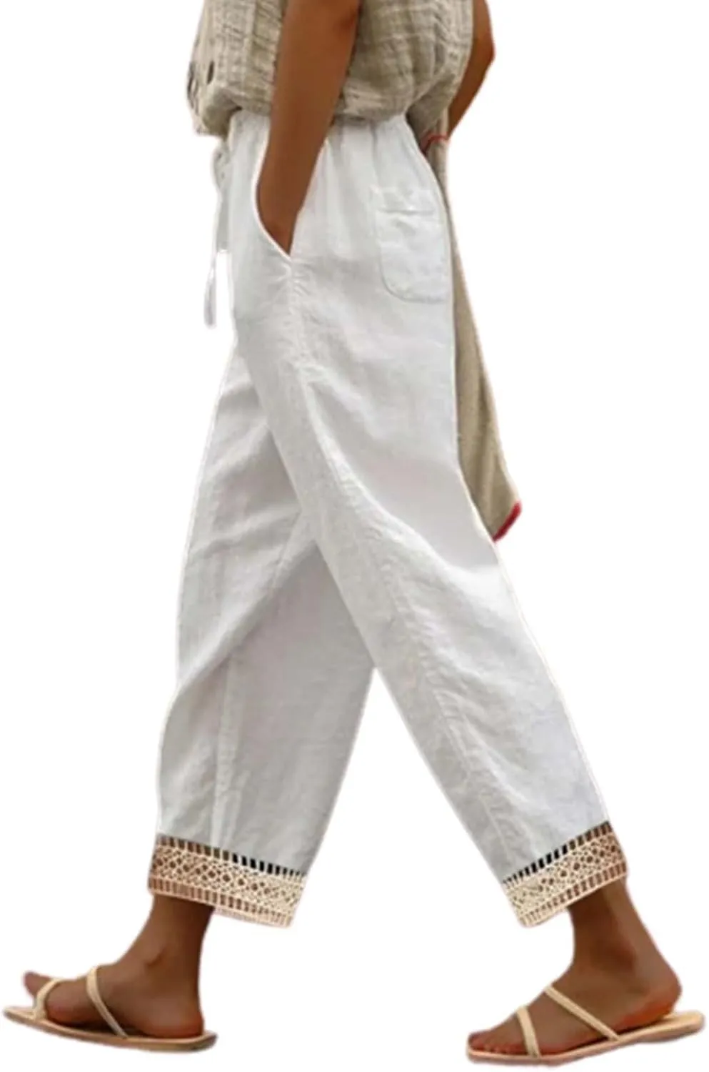Capris Pants For Women High Waist Elastic Casual Trousers 2024 Summer Baggy Cropped Pant Lace Patchwork Comfy Pants