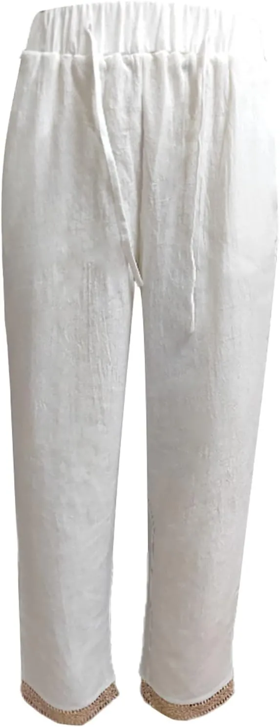 Capris Pants For Women High Waist Elastic Casual Trousers 2024 Summer Baggy Cropped Pant Lace Patchwork Comfy Pants