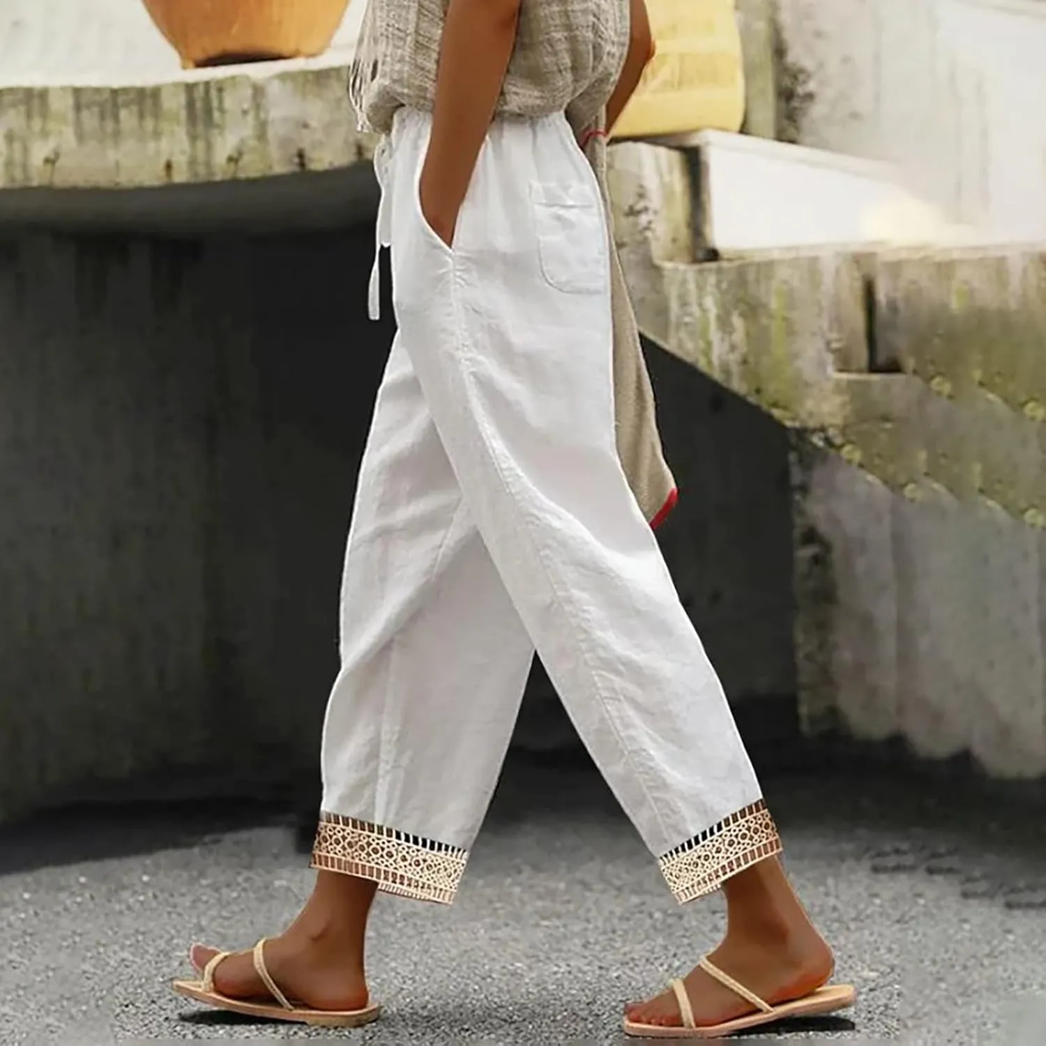 Capris Pants For Women High Waist Elastic Casual Trousers 2024 Summer Baggy Cropped Pant Lace Patchwork Comfy Pants