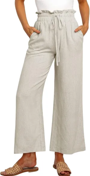Casual Linen Pants Women Summer Loose Wide Leg Pants Drawstring Elastic Waisted Palazzo Harem Trousers with Pockets