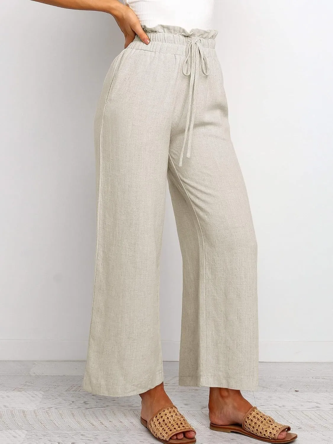 Casual Linen Pants Women Summer Loose Wide Leg Pants Drawstring Elastic Waisted Palazzo Harem Trousers with Pockets