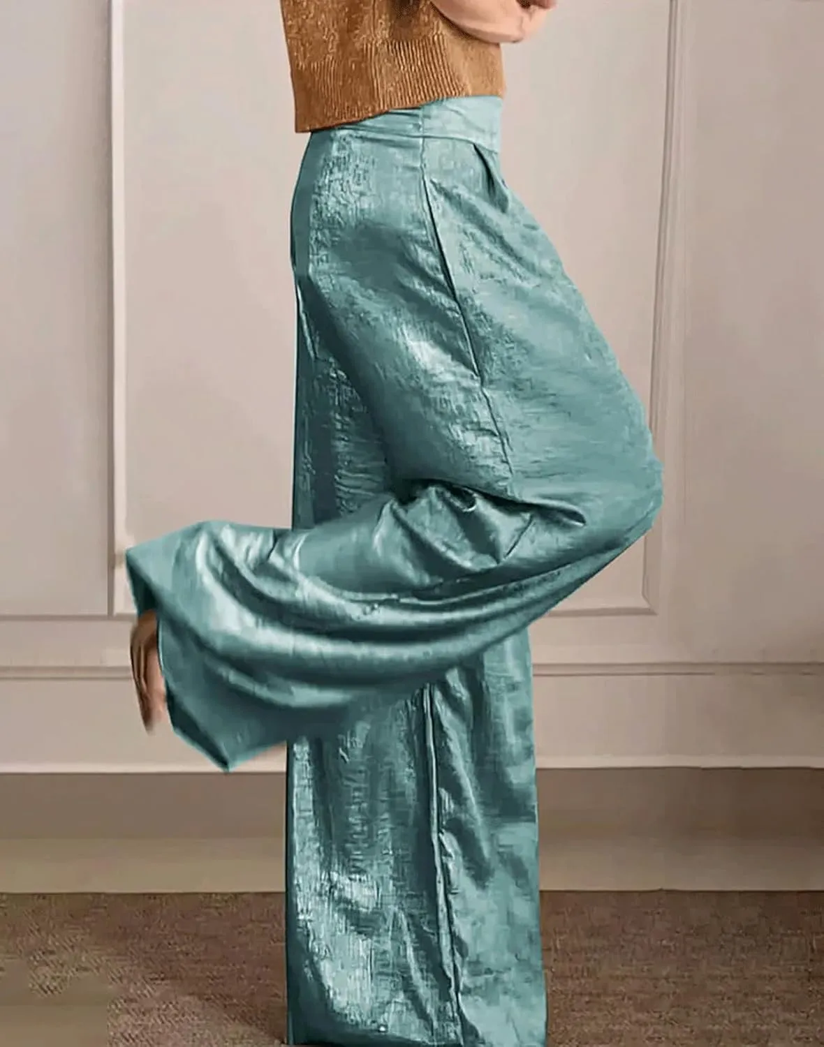 CHARTOU Women's Wide Leg Pants High Waist Straight Long Pant Metallic Patchwork Lounge Trousers with Pockets