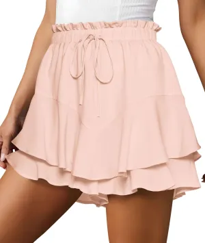 Cosonsen Women Casual Summer Shorts Ruffle Tiered Flowy Skorts Boho High Waist Mini Skirt