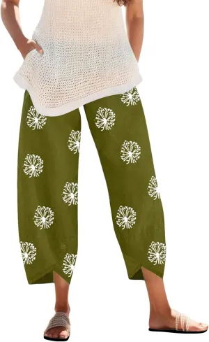 Cotton Linen Casual Summer Capri Pants for Women Cropped Comfy Baggy Trousers Palazzo Lounge Pants, Medium