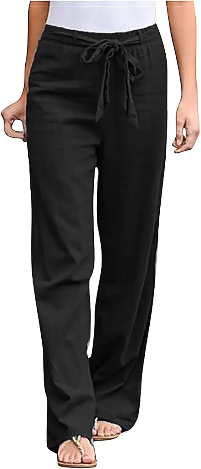 Cotton Linen Pants for Women Summer Palazzo Flowy Pants Wide Leg Beach Pants High Waist Casual Vacation Trouser