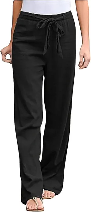Cotton Linen Pants for Women Summer Palazzo Flowy Pants Wide Leg Beach Pants High Waist Casual Vacation Trouser
