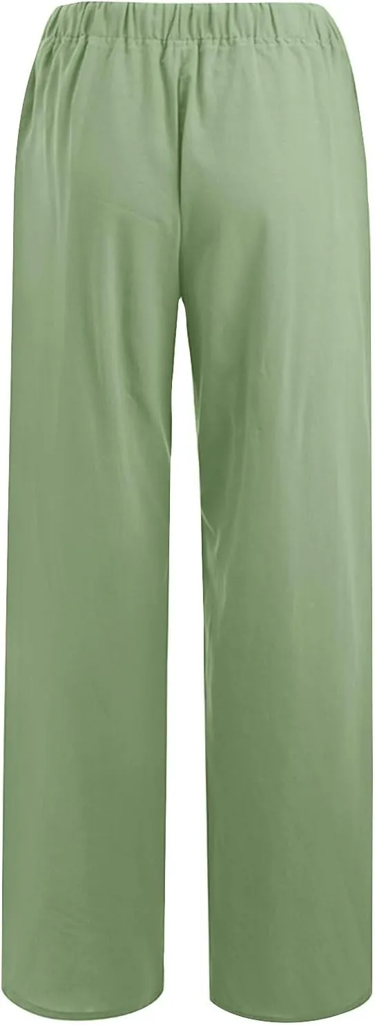 Cotton Linen Pants for Women Summer Wide Leg Casual Loose Drawstring High Waist Palazzo Pants Trousers with Pocket