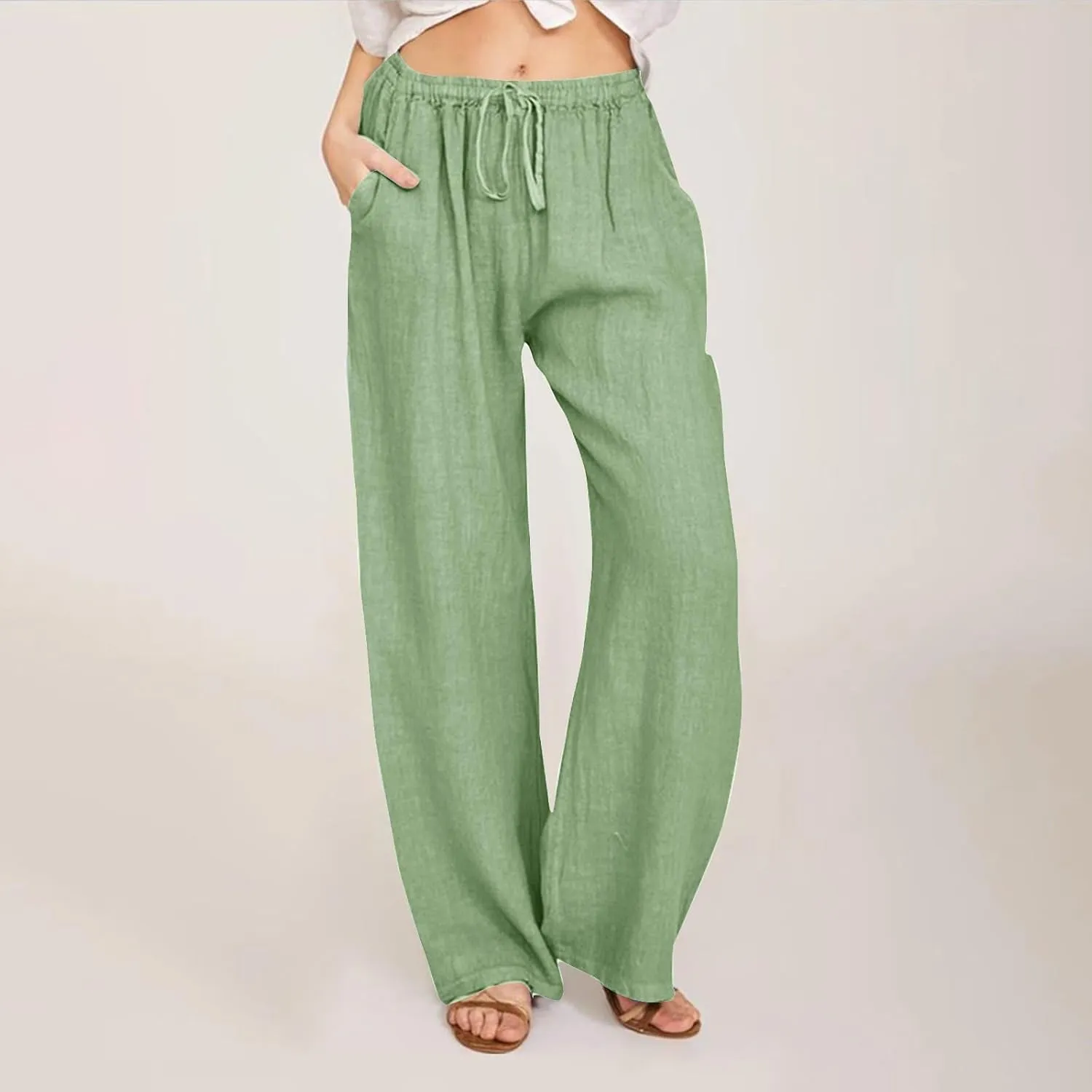 Cotton Linen Pants for Women Summer Wide Leg Casual Loose Drawstring High Waist Palazzo Pants Trousers with Pocket
