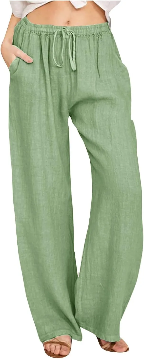 Cotton Linen Pants for Women Summer Wide Leg Casual Loose Drawstring High Waist Palazzo Pants Trousers with Pocket
