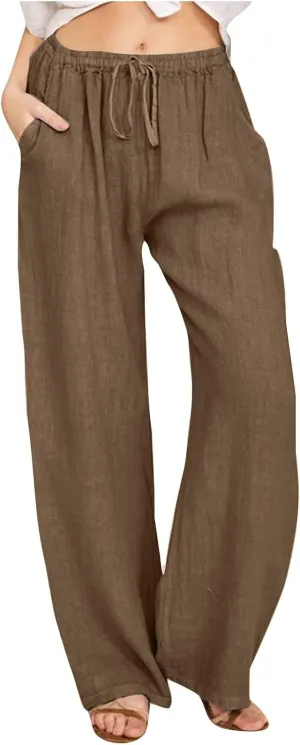 Cotton Linen Pants for Women Summer Wide Leg Casual Loose Drawstring High Waist Palazzo Pants Trousers with Pocket