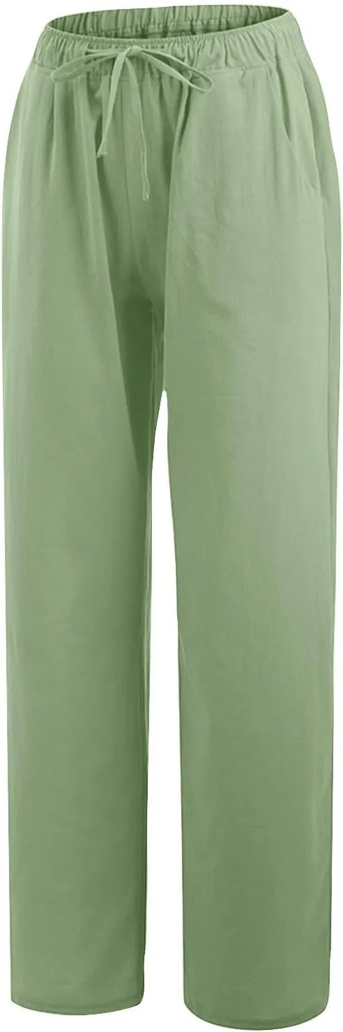Cotton Linen Pants for Women Summer Wide Leg Casual Loose Drawstring High Waist Palazzo Pants Trousers with Pocket