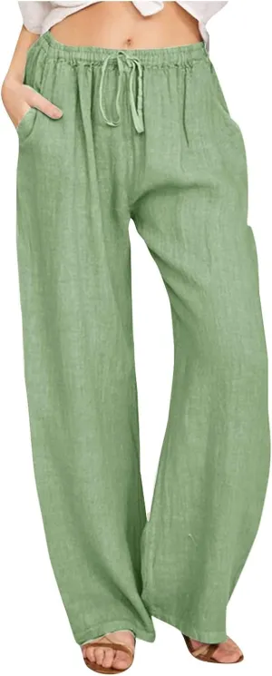 Cotton Linen Pants for Women Summer Wide Leg Casual Loose Drawstring High Waist Palazzo Pants Trousers with Pocket