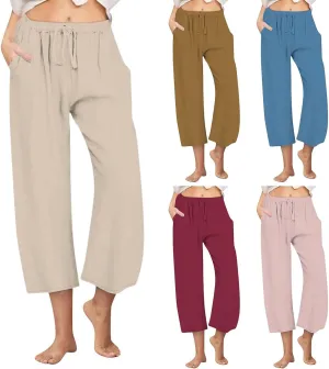 Cotton Linen Pants for Women Wide Leg Cropped Lounge Trousers Drawstring Elastic Waist Summer Beach Pant Outfits