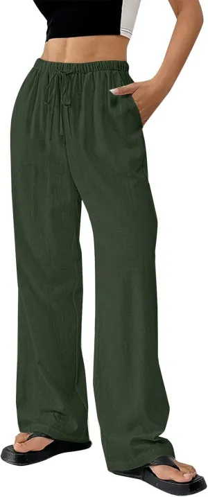 Cotton Linen Pants for Womens Loose Fit Breathable Cool Summer Outdoor Hiking Trousers Elastic Waist Drawstring Pants