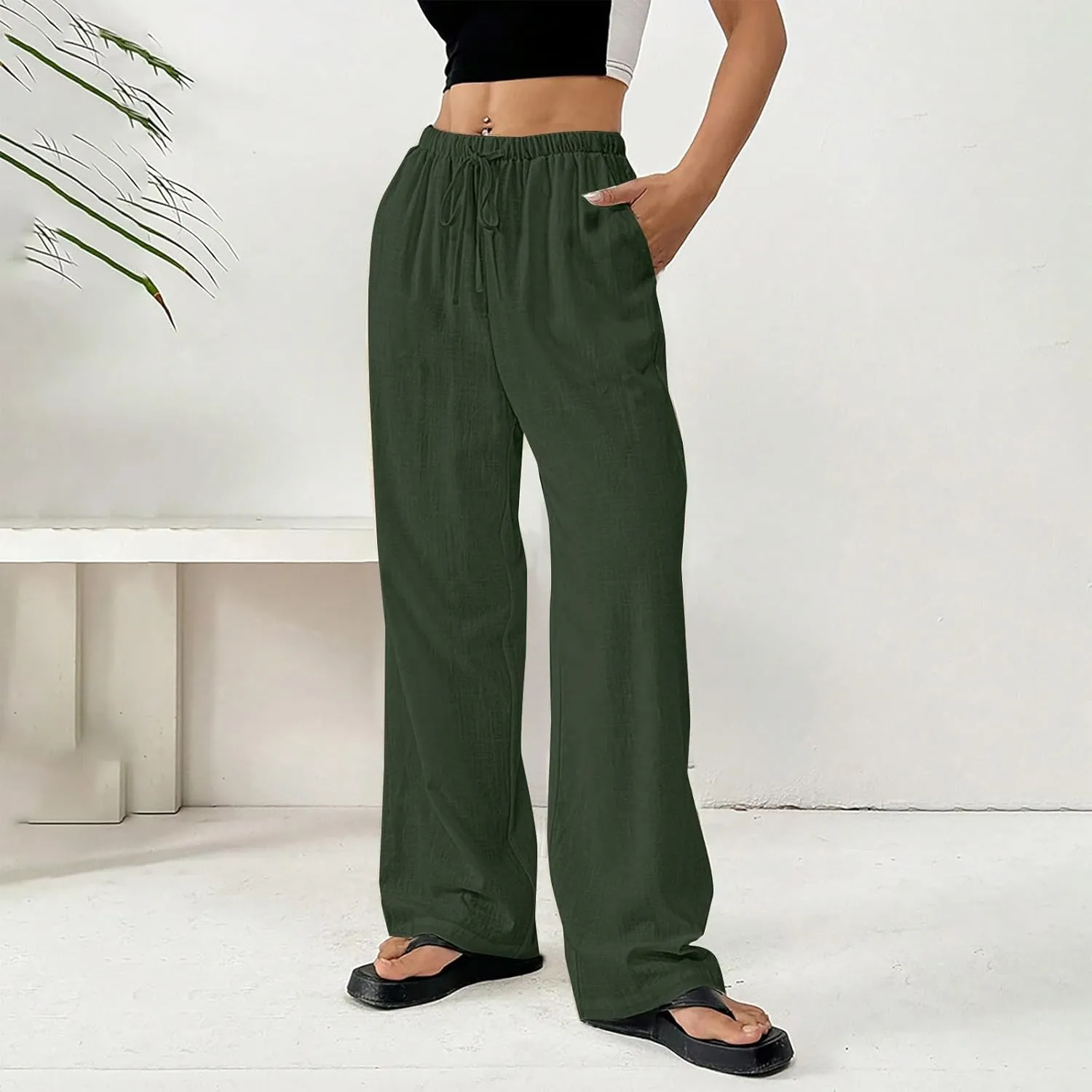 Cotton Linen Pants for Womens Loose Fit Breathable Cool Summer Outdoor Hiking Trousers Elastic Waist Drawstring Pants