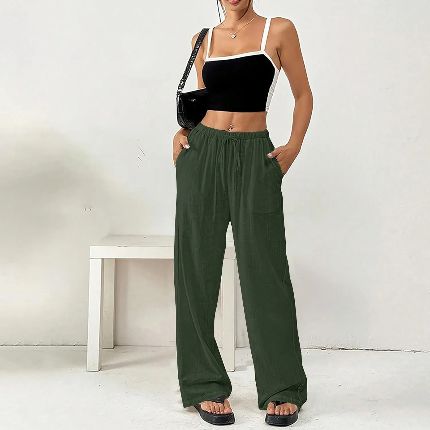Cotton Linen Pants for Womens Loose Fit Breathable Cool Summer Outdoor Hiking Trousers Elastic Waist Drawstring Pants