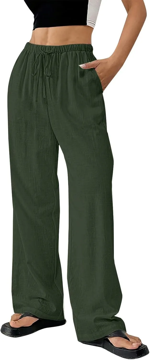 Cotton Linen Pants for Womens Loose Fit Breathable Cool Summer Outdoor Hiking Trousers Elastic Waist Drawstring Pants