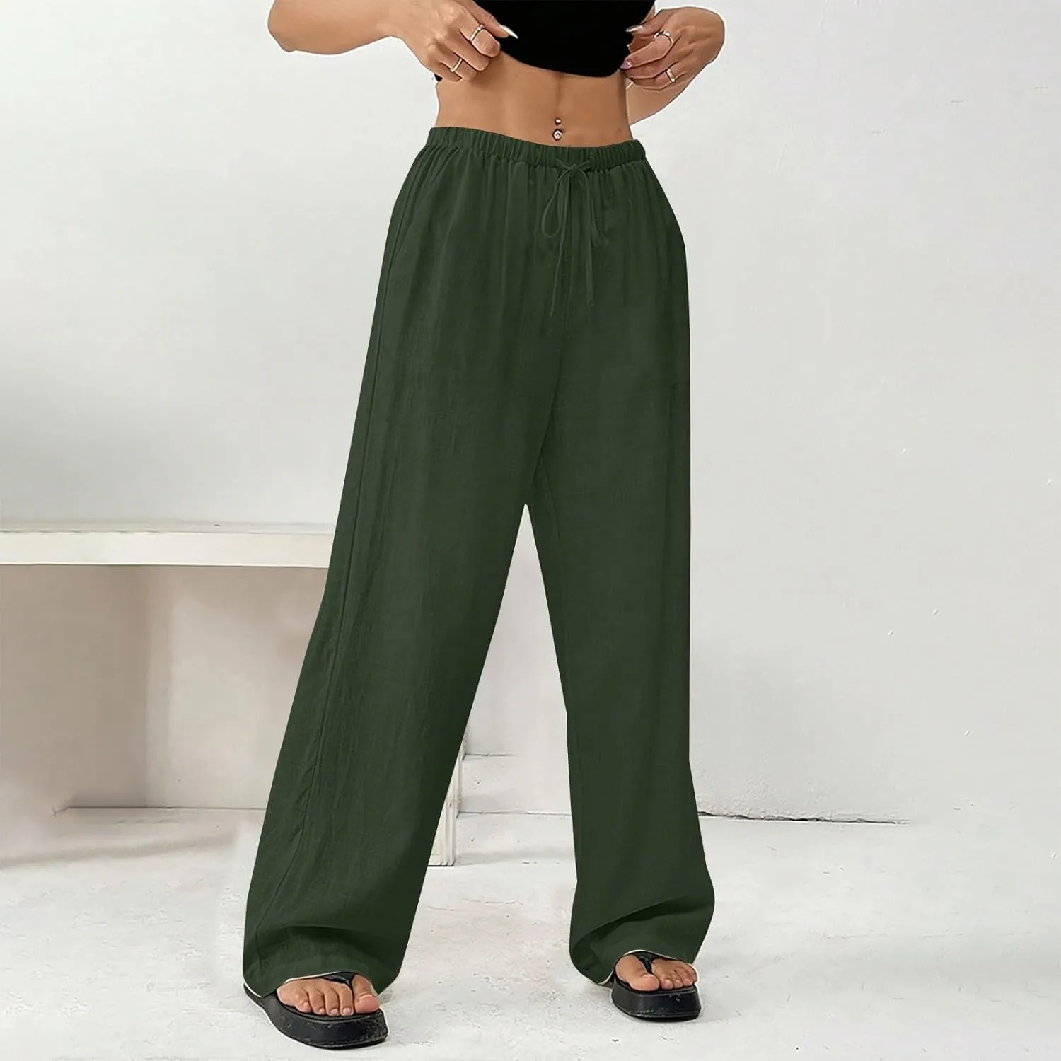 Cotton Linen Pants for Womens Loose Fit Breathable Cool Summer Outdoor Hiking Trousers Elastic Waist Drawstring Pants