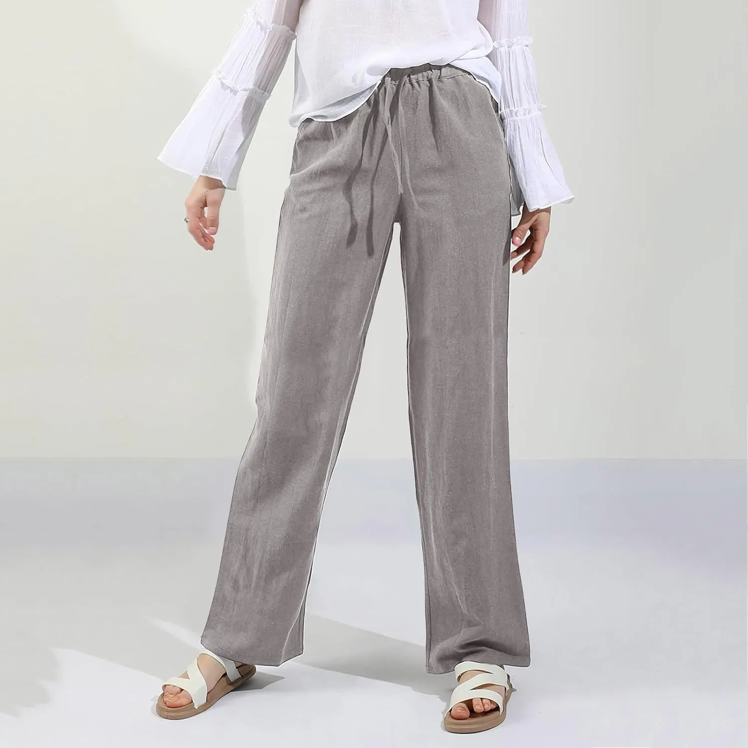 Cotton Linen Pants Women Straight Leg Summer Casual Loose Drawstring High Waist Palazzo Lounge Trouser with Pockets