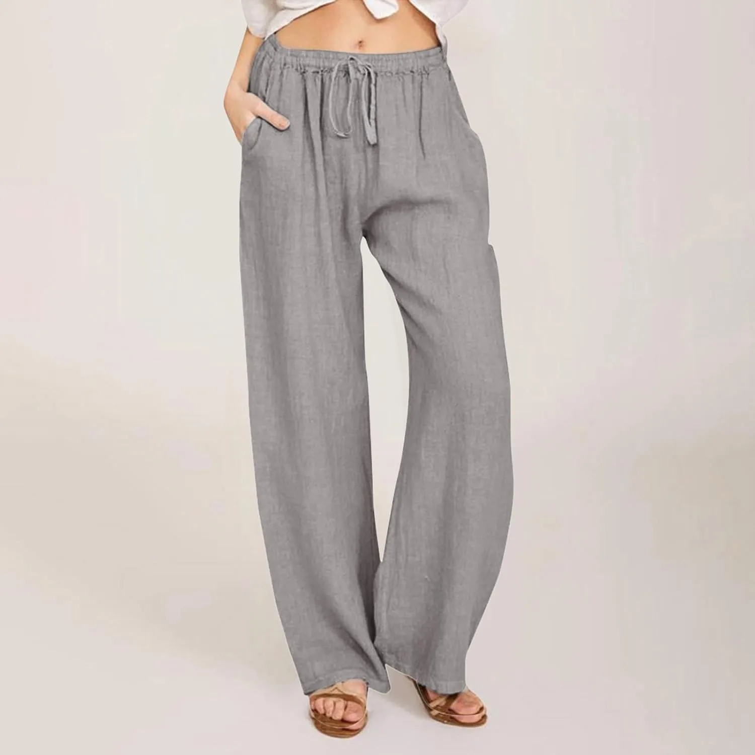 Cotton Linen Pants Women Straight Leg Summer Casual Loose Drawstring High Waist Palazzo Lounge Trouser with Pockets