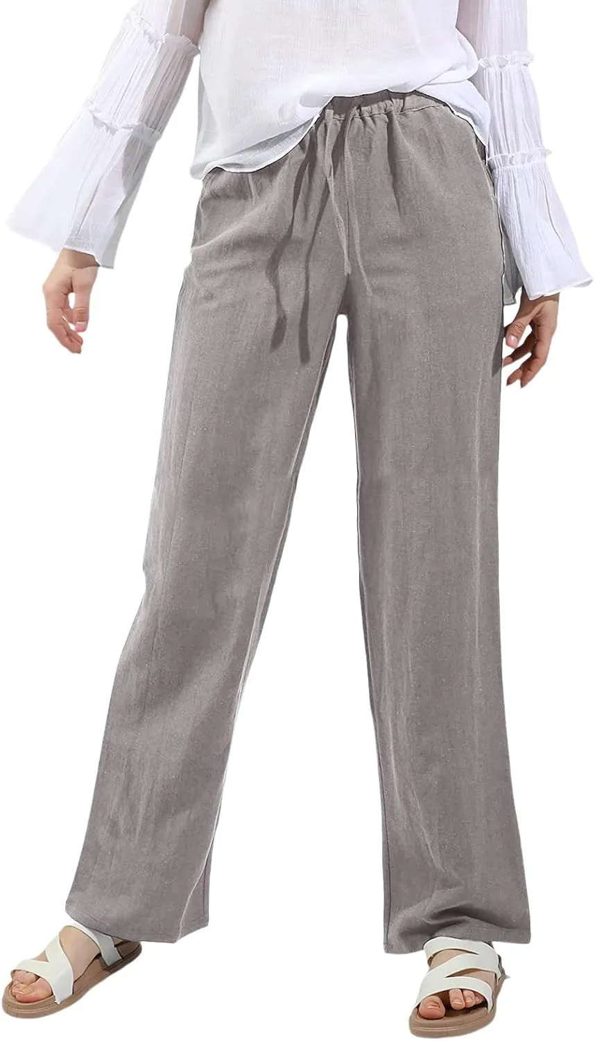 Cotton Linen Pants Women Straight Leg Summer Casual Loose Drawstring High Waist Palazzo Lounge Trouser with Pockets