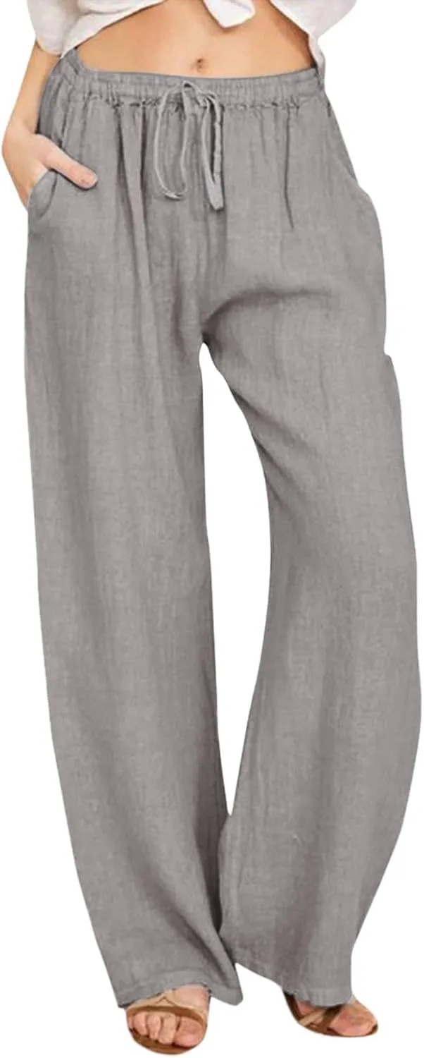 Cotton Linen Pants Women Straight Leg Summer Casual Loose Drawstring High Waist Palazzo Lounge Trouser with Pockets