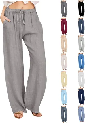 Cotton Linen Pants Women Straight Leg Summer Casual Loose Drawstring High Waist Palazzo Lounge Trouser with Pockets