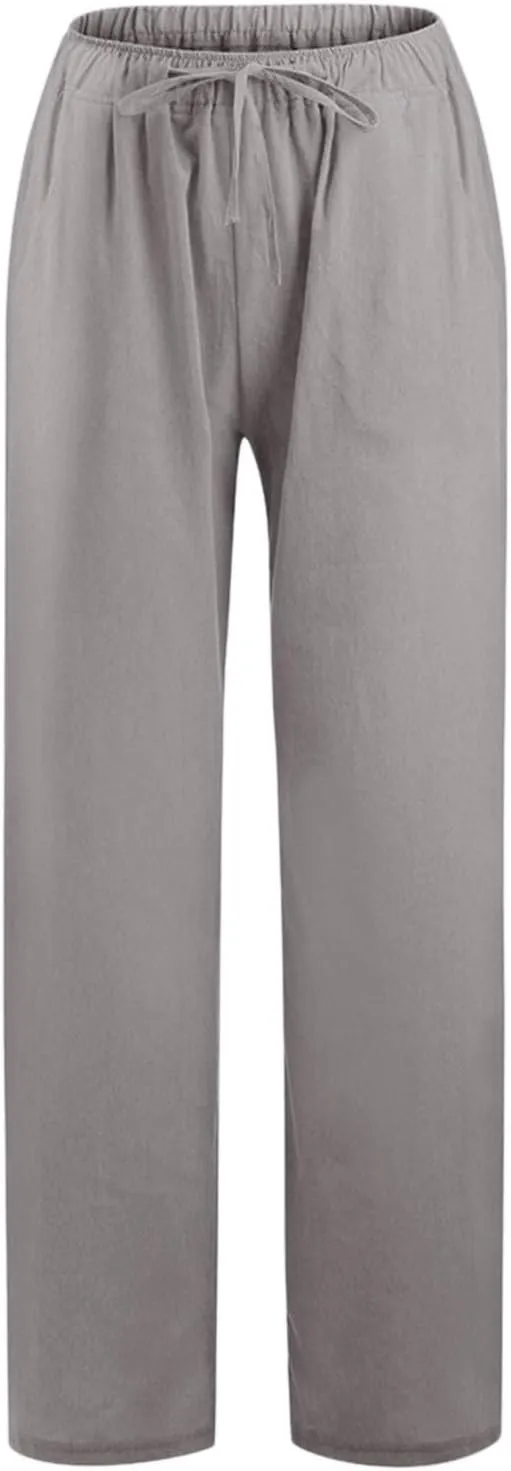 Cotton Linen Pants Women Straight Leg Summer Casual Loose Drawstring High Waist Palazzo Lounge Trouser with Pockets