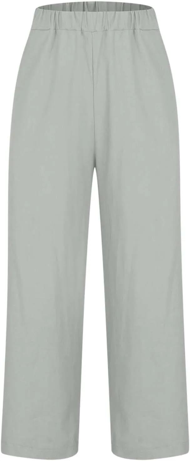 Cropped Linen Pants for Women Casual Lightweight Summer Pant Elastic Waist Plus Size Hiking Beach Trousers with Pocket
