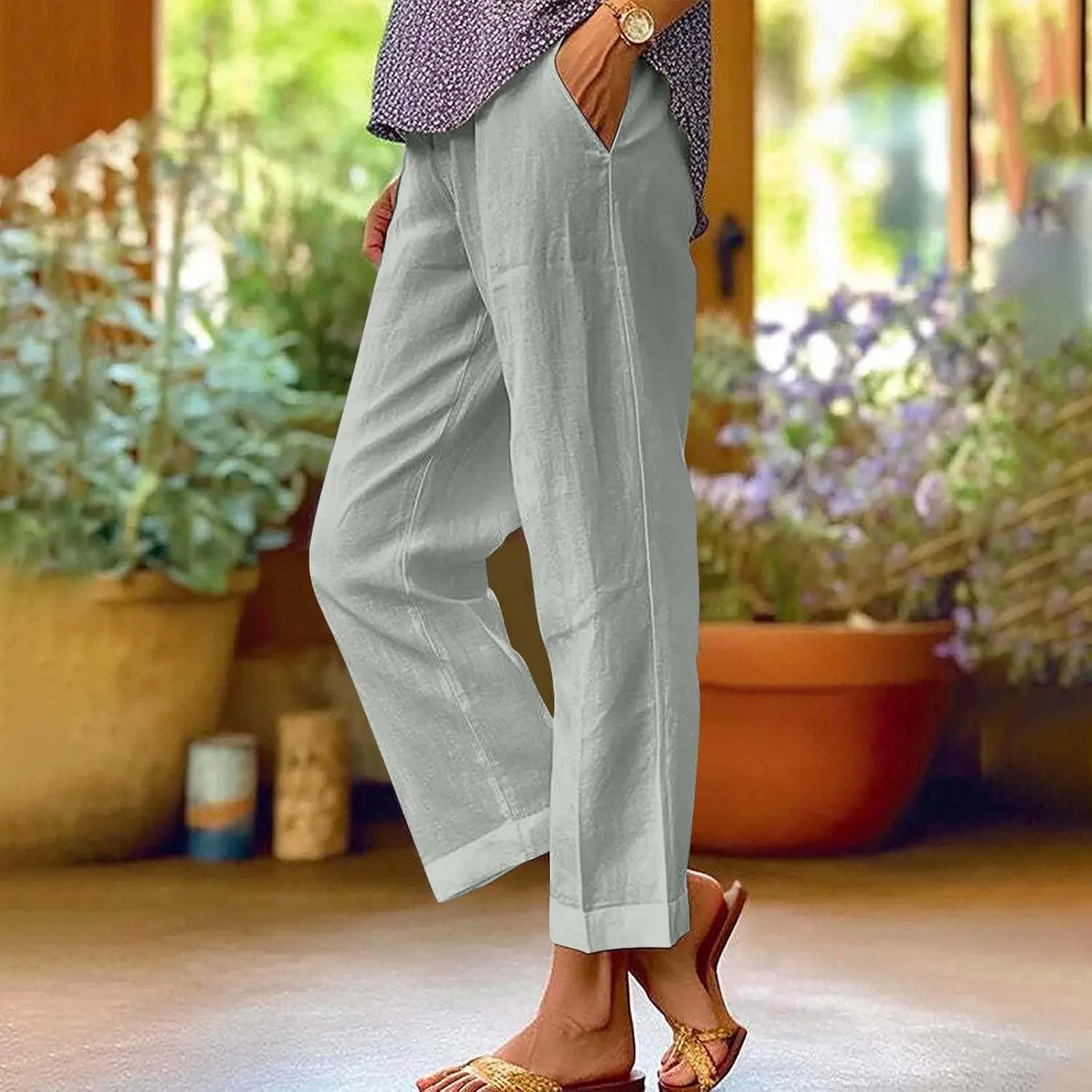 Cropped Linen Pants for Women Casual Lightweight Summer Pant Elastic Waist Plus Size Hiking Beach Trousers with Pocket