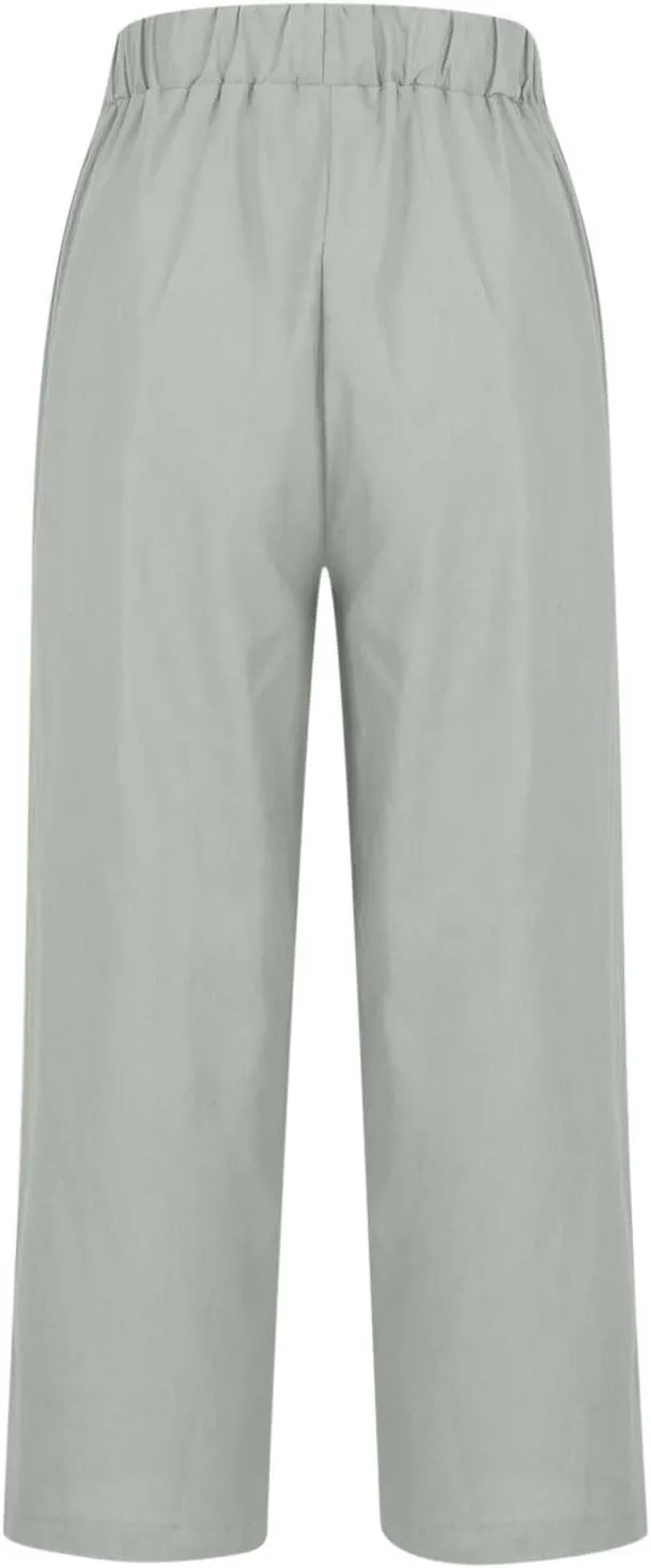 Cropped Linen Pants for Women Casual Lightweight Summer Pant Elastic Waist Plus Size Hiking Beach Trousers with Pocket