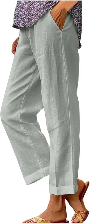 Cropped Linen Pants for Women Casual Lightweight Summer Pant Elastic Waist Plus Size Hiking Beach Trousers with Pocket