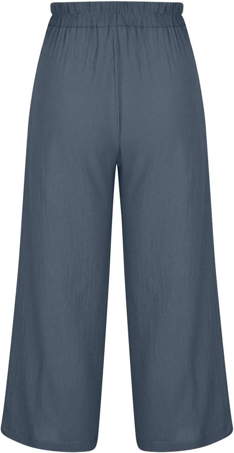 Cropped Linen Pants Women Wide Leg Summer Casual Loose Elastic Waist Trouser Solid Basic Lounge Pants with Pockets