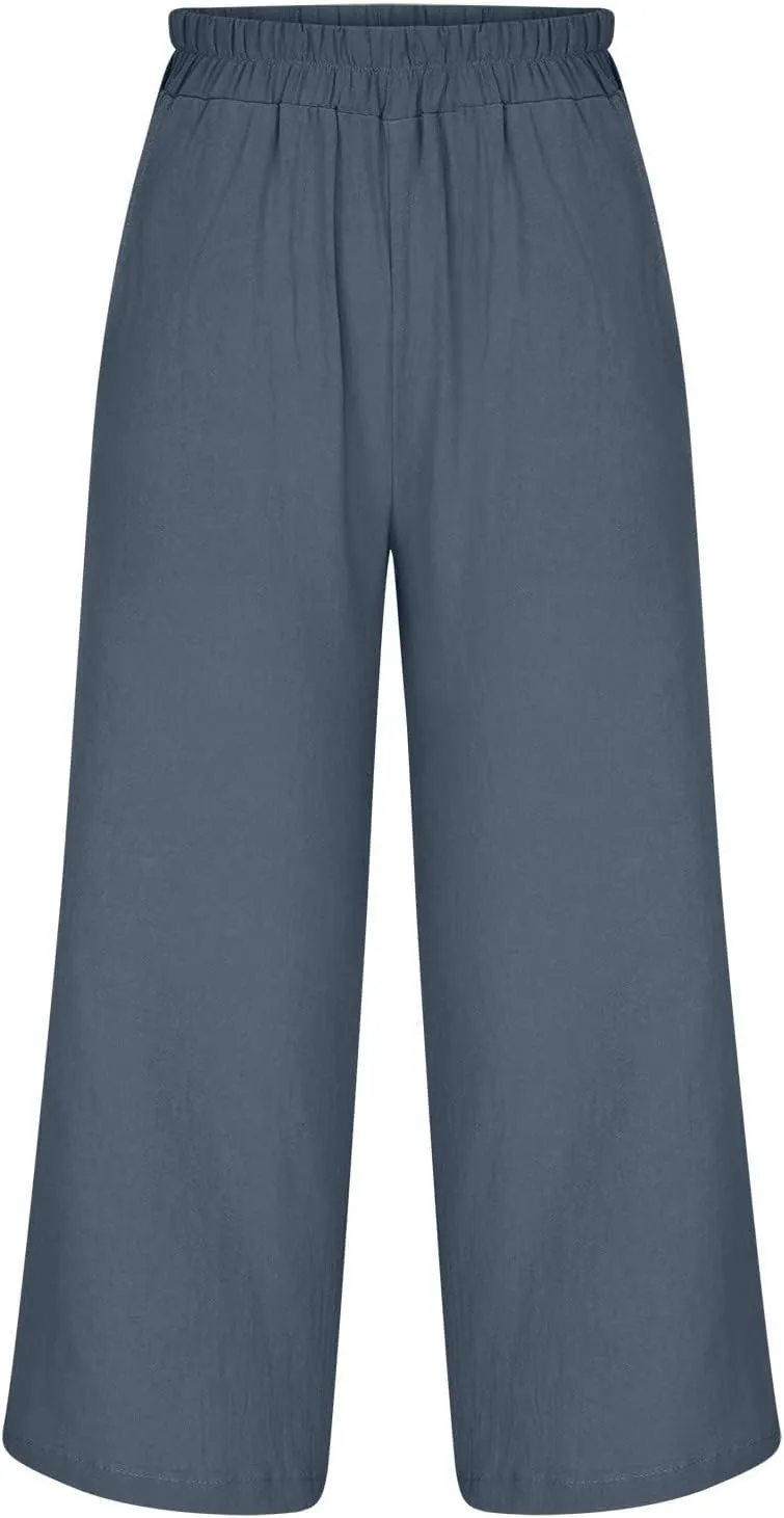 Cropped Linen Pants Women Wide Leg Summer Casual Loose Elastic Waist Trouser Solid Basic Lounge Pants with Pockets