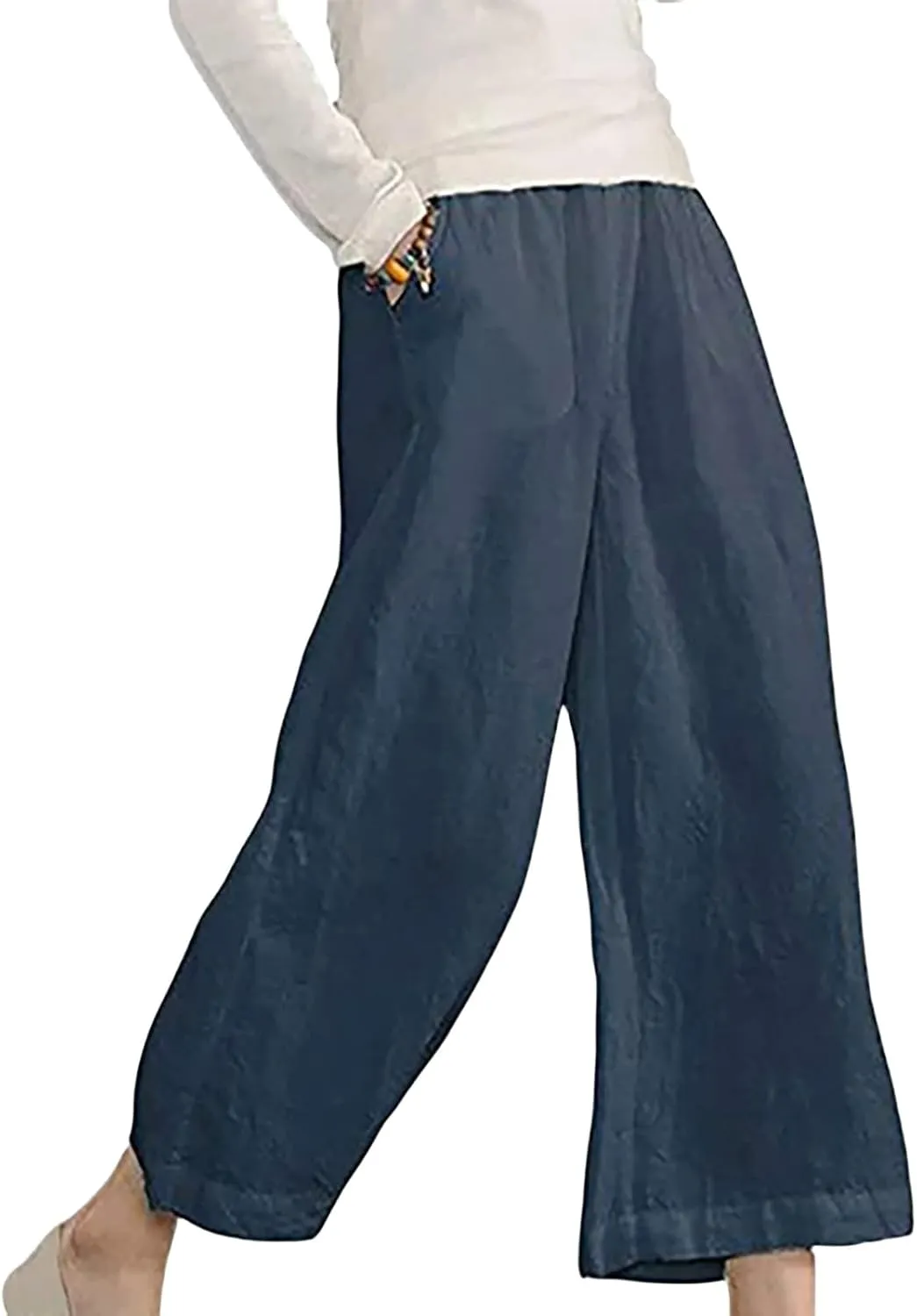 Cropped Linen Pants Women Wide Leg Summer Casual Loose Elastic Waist Trouser Solid Basic Lounge Pants with Pockets