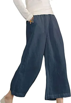 Cropped Linen Pants Women Wide Leg Summer Casual Loose Elastic Waist Trouser Solid Basic Lounge Pants with Pockets