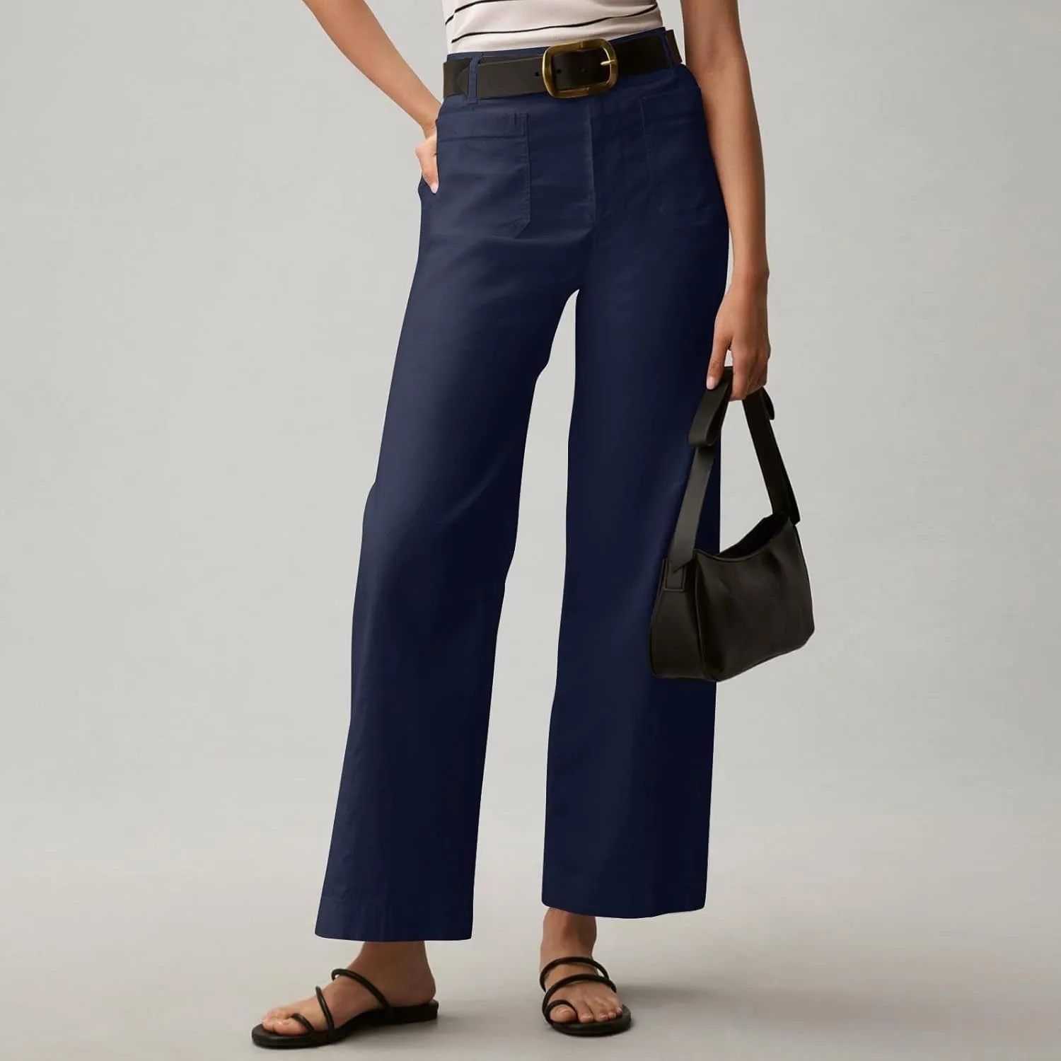 Cropped Pants for Women Stretch Straight Wide Leg High Waisted Business Work Chino Trousers Jeans with Pockets