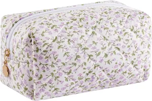 Cute Floral Cotton Makeup Bag for Women, Travel Cosmetic Bag Quilted Zipper Make Up Pouch, Pink Purple Floral Flowers Toiletry Organizer Kawaii Makeup Cosmetic Travel Cloth Bag (Purple)