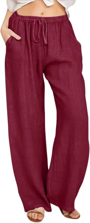 Dressy Capri Pants for Women Summer Linen Pants Wide Leg with Pockets Drawstring Casual Flowy Palazzo Cute Capris