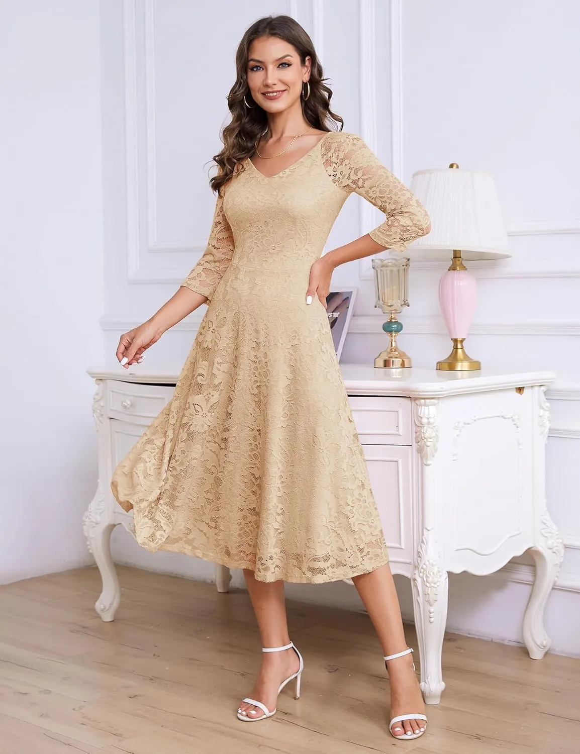 Dressystar Womens Long-Sleeve Wedding Guest Dress A-Line Lace Formal Party Cocktail Midi Dress Prom Gown