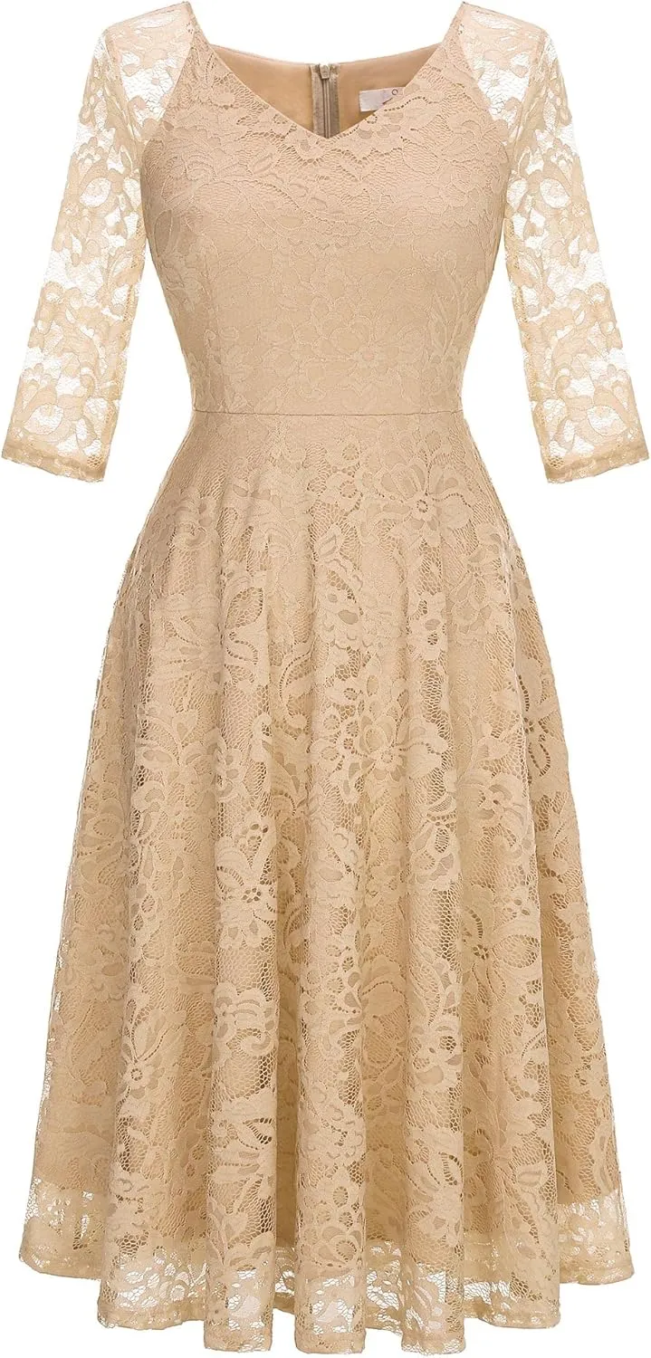 Dressystar Womens Long-Sleeve Wedding Guest Dress A-Line Lace Formal Party Cocktail Midi Dress Prom Gown