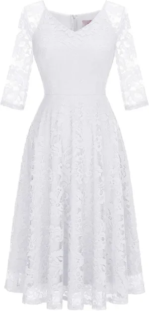 Dressystar Womens Long-Sleeve Wedding Guest Dress A-Line Lace Formal Party Cocktail Midi Dress Prom Gown